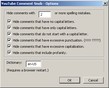 YouTube Comment Snob options