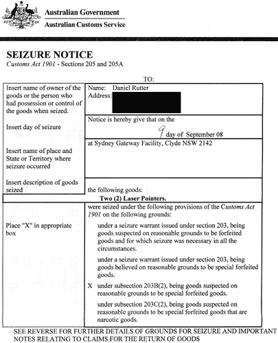 Australian Customs seizure notice