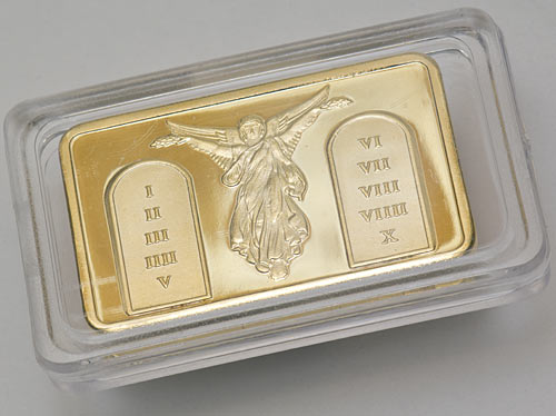 Fake gold bar in display case